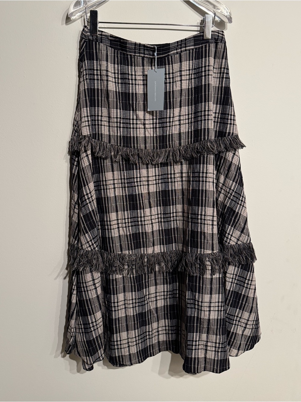 NWT Antonio Melani Black & White Tartan Plaid Eyelash Fringe Midi Skirt Size 8